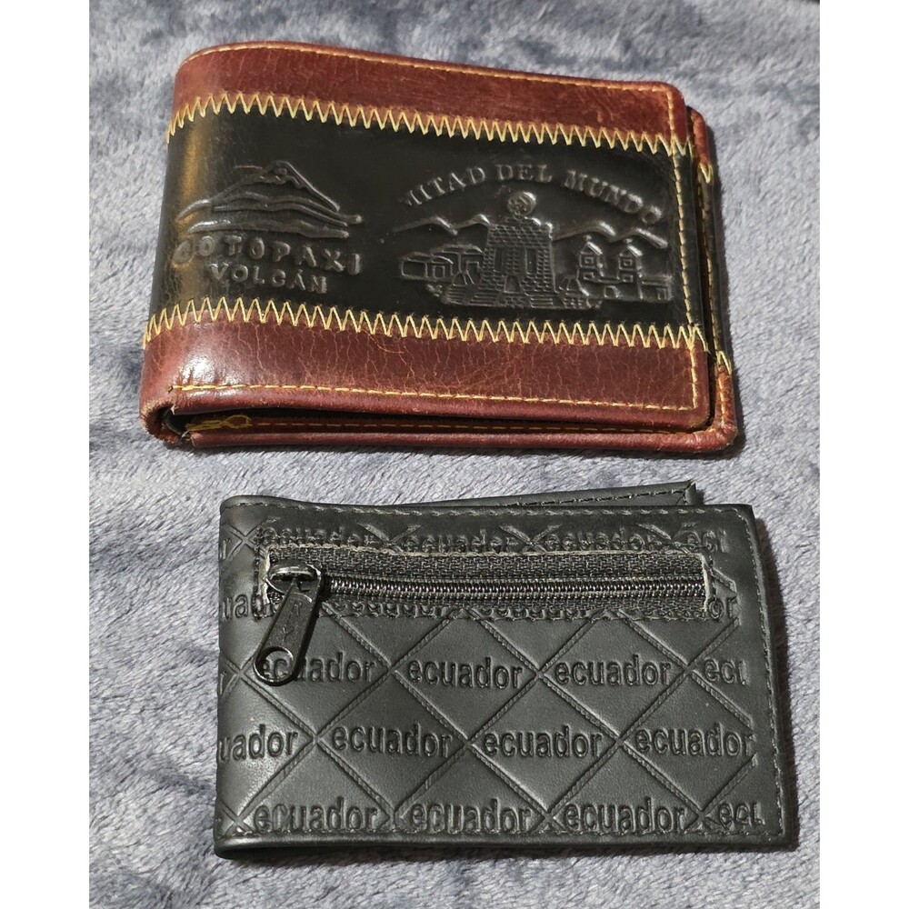 Rare 2pc Cool Ecuador Hand Stitched Tooled Bifold Embossed Leather Wallet EuC